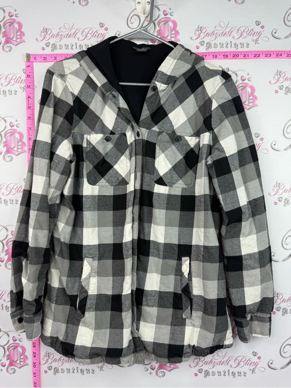 Eddie Bauer jacket Black & White Buffalo Plaid Teddy Jacket with Hood